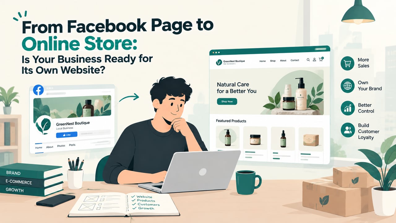 A Facebook page inbox on one side and an online store order screen on the other