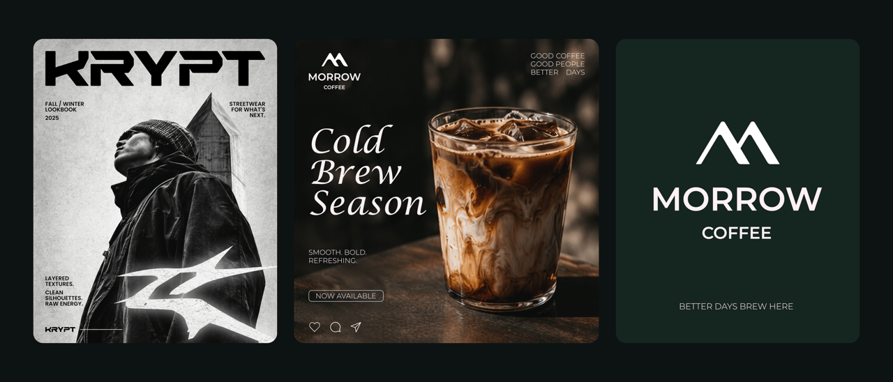 Krypt Fall/Winter lookbook cover, a Morrow Coffee cold brew post, and the Morrow Coffee logo on deep green.