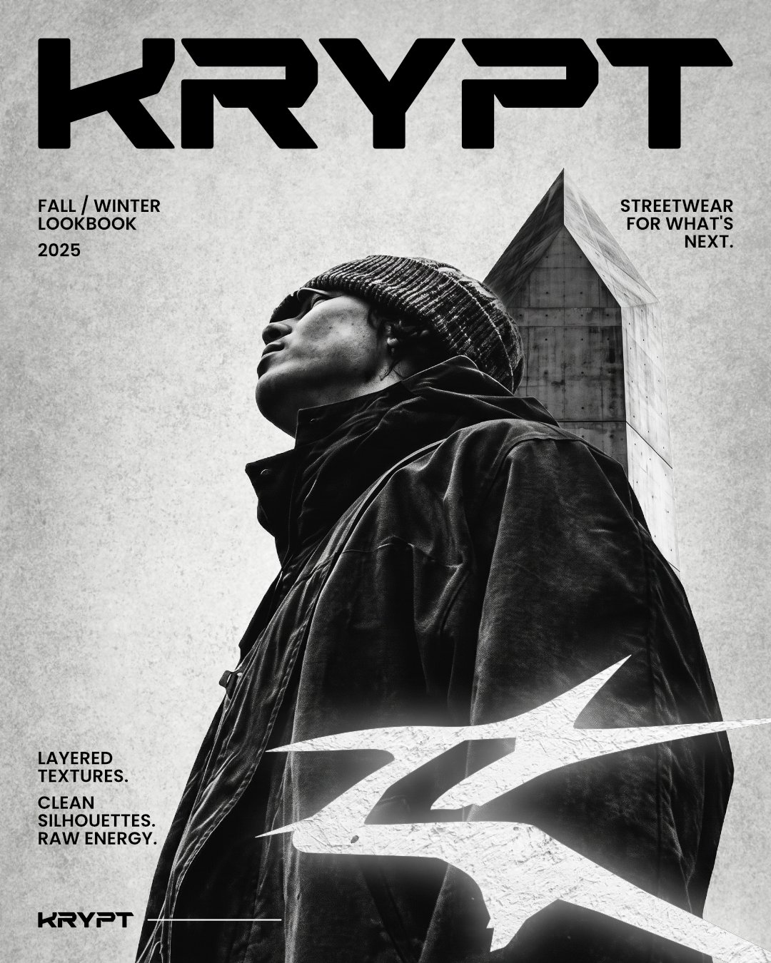 Krypt Fall/Winter 2025 lookbook cover: a black-and-white portrait of a model in a heavy jacket beneath a concrete tower, with the Krypt star emblem.