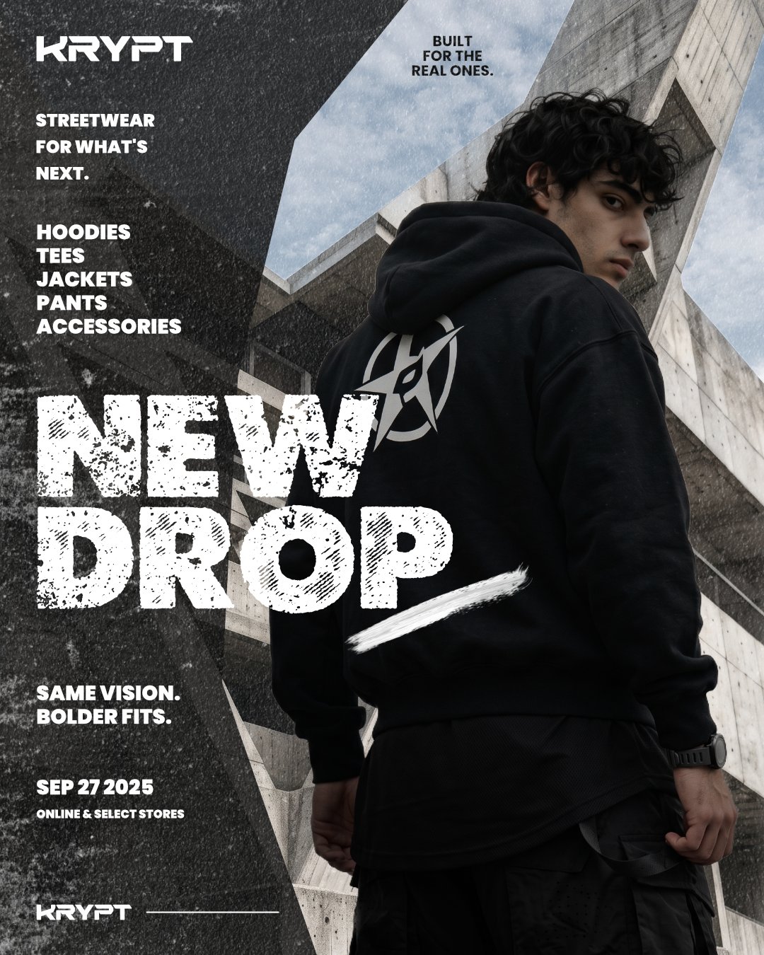 Krypt New Drop poster: a model in a black hoodie with the star emblem against brutalist concrete, distressed New Drop type, dated Sep 27 2025.