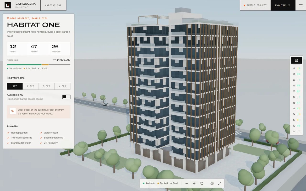Landmark Habitat 3D explorer: a twelve-storey apartment building beside a panel showing 47 homes, 26 available, prices from BDT 14,990,000 and a bedroom filter.