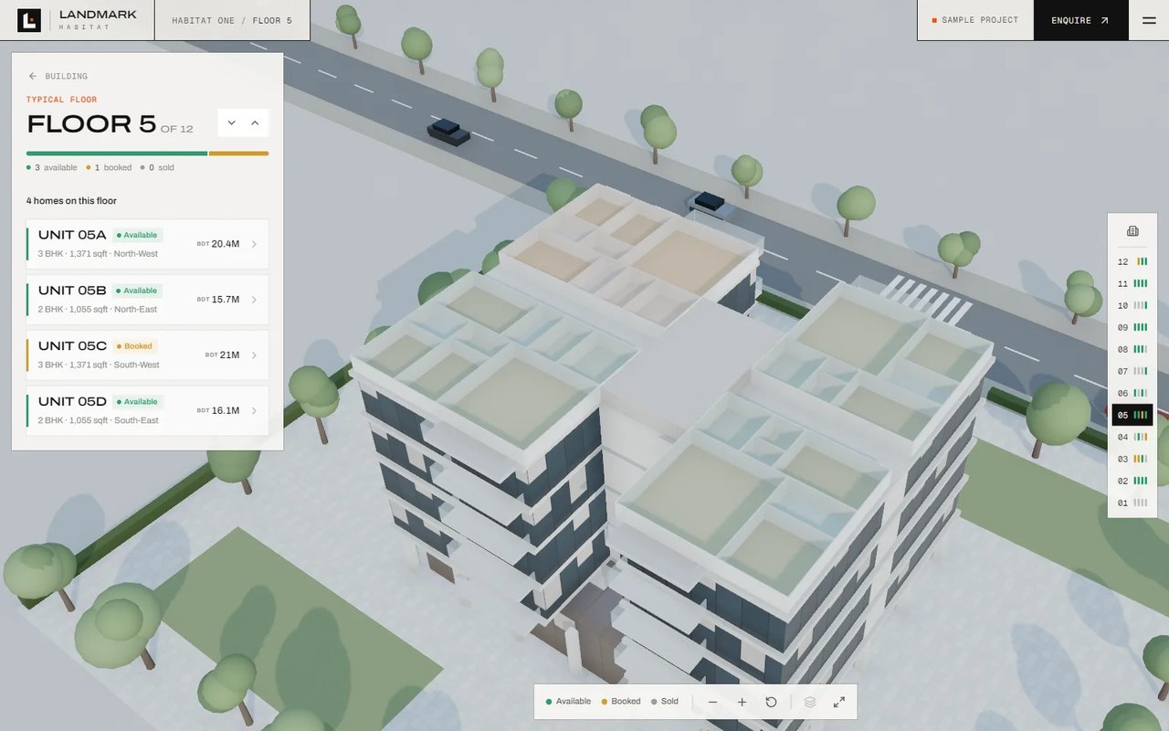 Floor 5 of Habitat One opened in 3D with the floors above removed, beside a list of four homes marked available or booked with their prices.