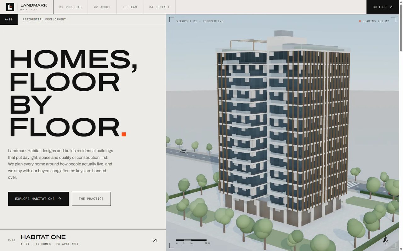 Landmark Habitat homepage with the headline Homes, floor by floor beside a live 3D view of the Habitat One tower.