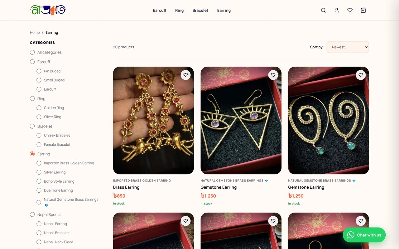 NeeProkriti earring category page: a sidebar of nested categories beside a grid of brass and gemstone earrings, each with price and stock status.