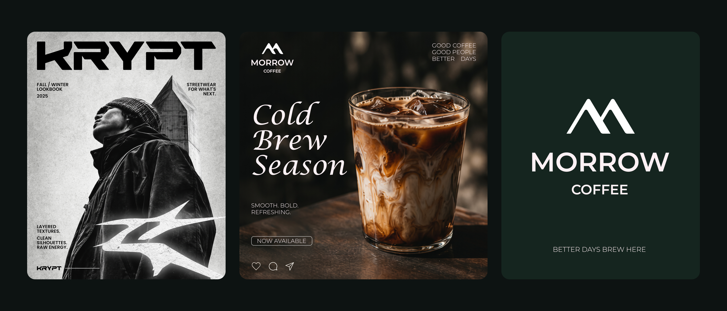 Krypt Fall/Winter lookbook cover, a Morrow Coffee cold brew post, and the Morrow Coffee logo on deep green.