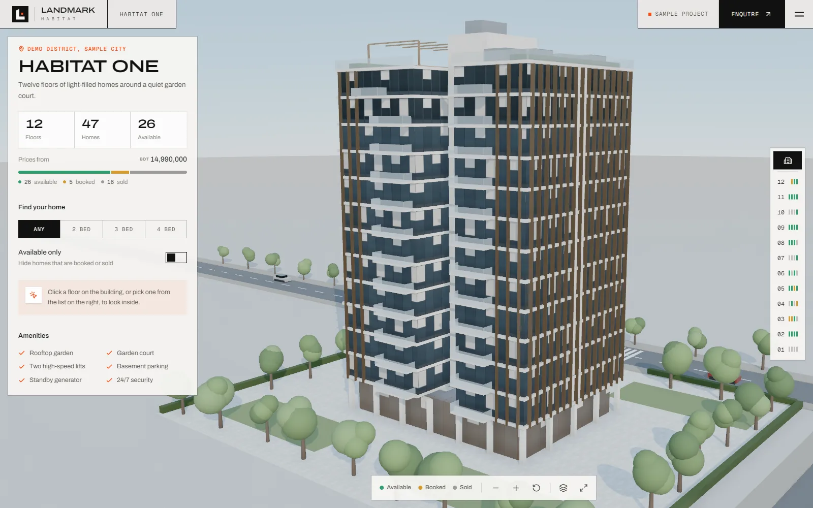Landmark Habitat 3D explorer: a twelve-storey apartment building beside a panel showing 47 homes, 26 available, prices from BDT 14,990,000 and a bedroom filter.